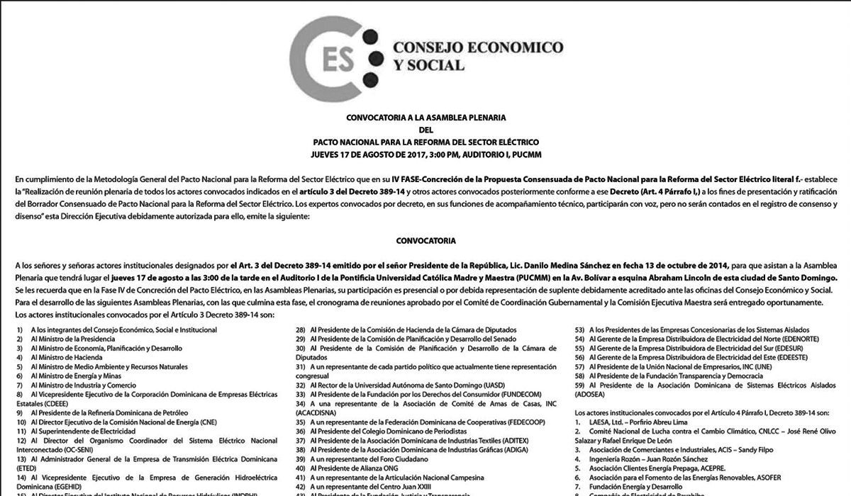 Convocatoria a la Asamblea Plenaria del Pacto Nacional para la Reforma del Sector Eléctrico