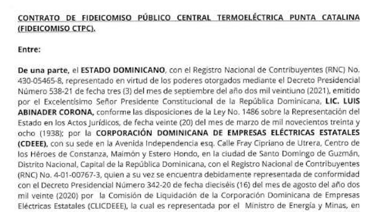 Contrato Original de Fideicomiso Público Termoeléctrica Punta Catalina (FIDEICOMISO CTPC)