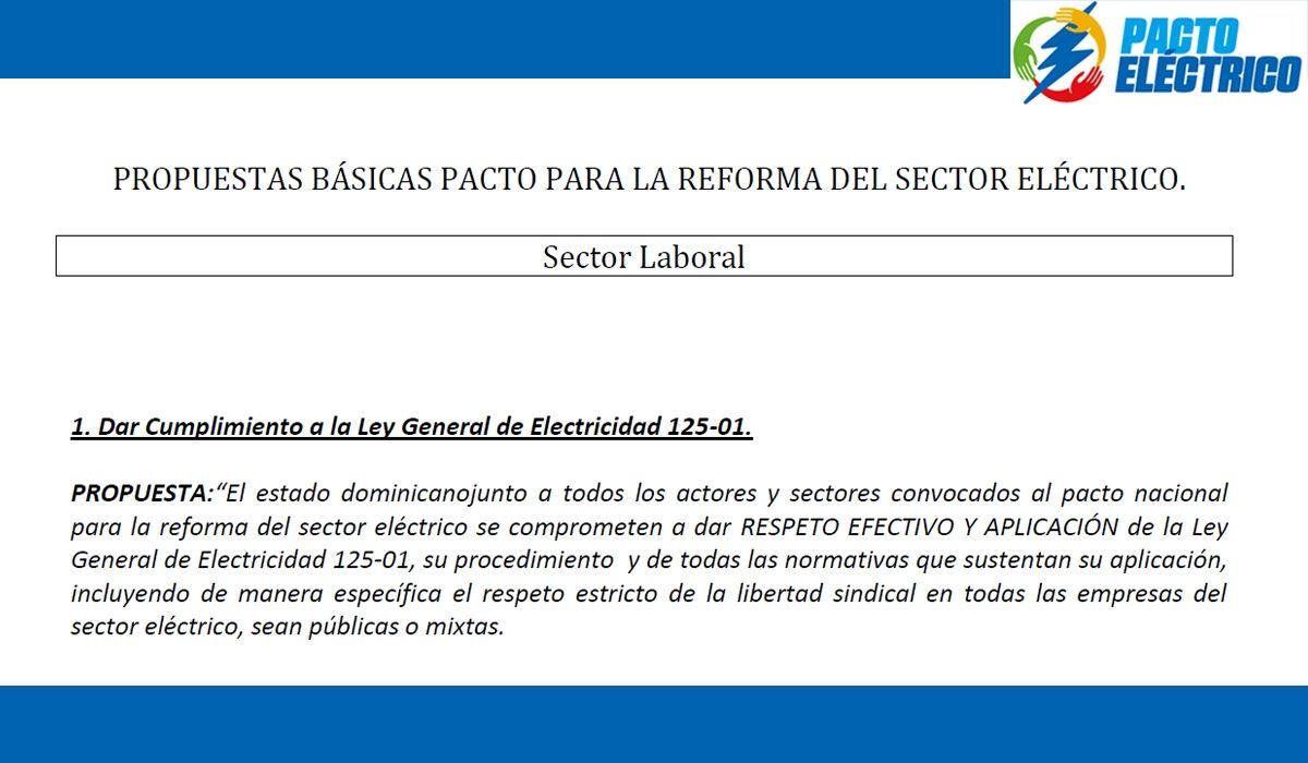 PROPUESTAS BÁSICAS PACTO PARA LA REFORMA DEL SECTOR ELÉCTRICO. Sector Laboral