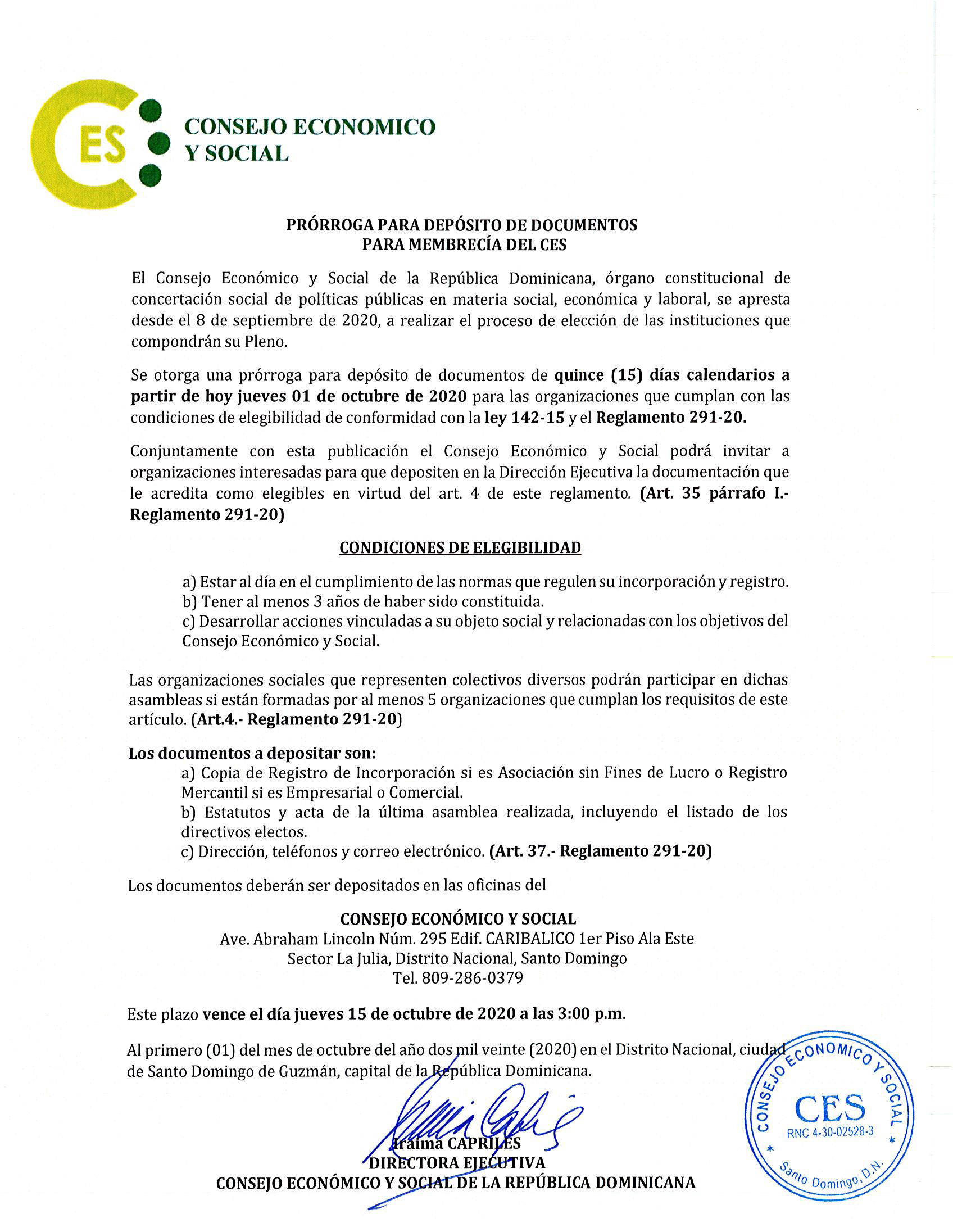 CES PRORROGA DEPOSITO DOCUMENTOS